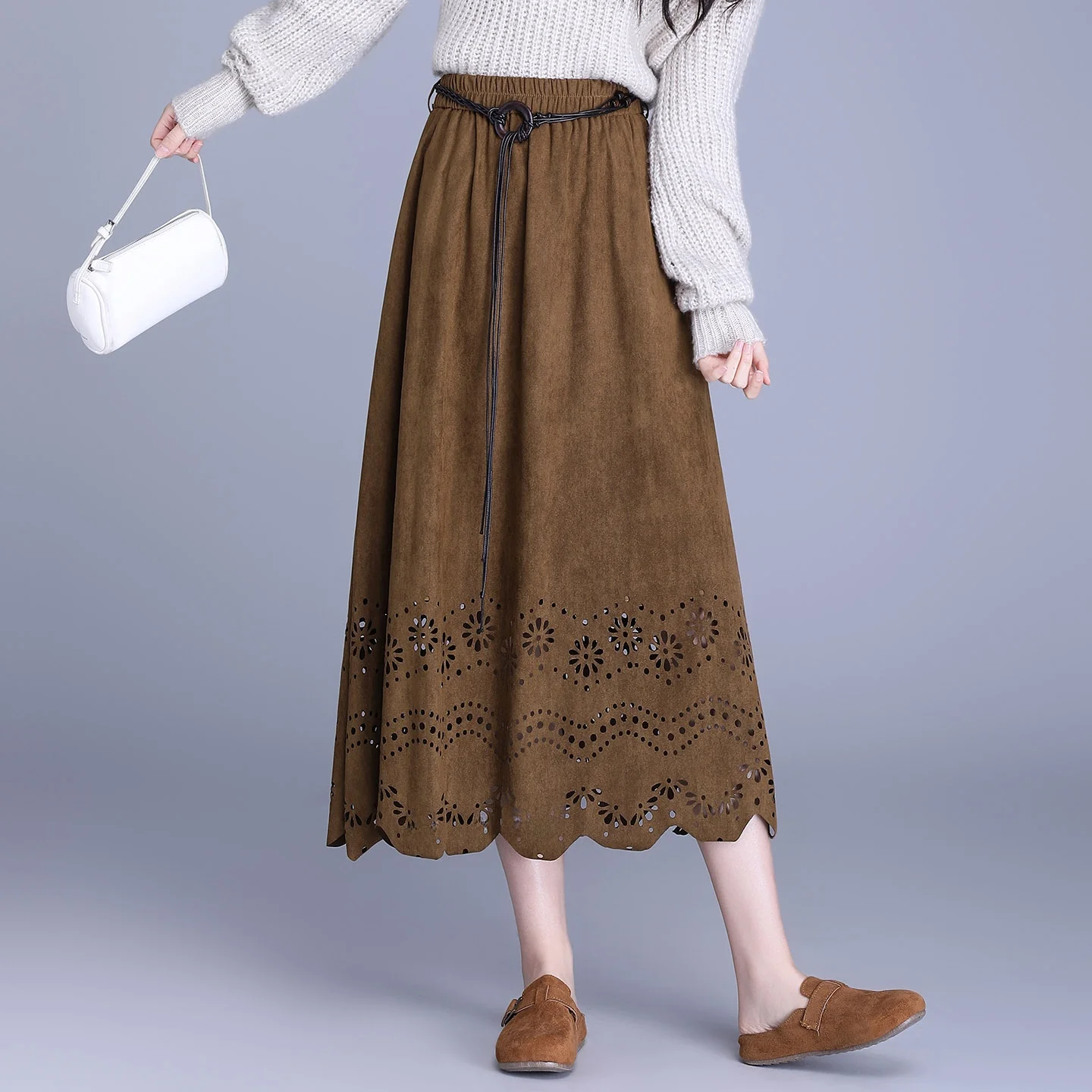 

Женская повседневная юбка из вельвета с вырезами, высокая талия, А-силуэт, миди, модная, универсальная, осень-зима, новинка