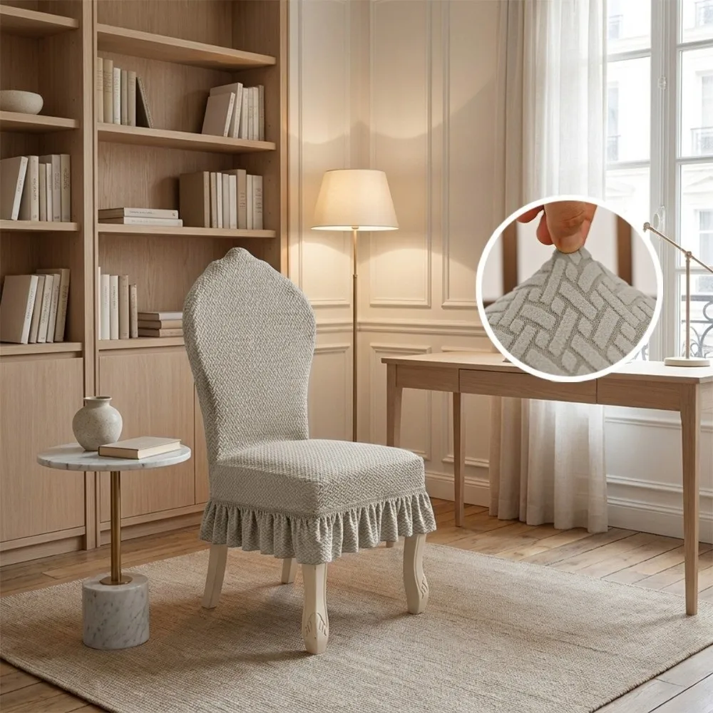 Stretch Jacquard Dining Chair Cover Grid Textured Arched Design Chair Protector Ruffled Skirt European Shield Chair Slipcover