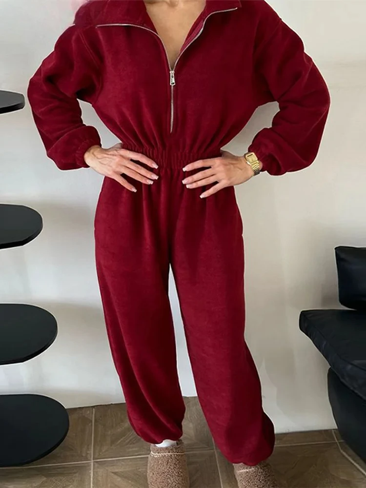 

Lapel Zipper Contrast Jumpsuits Women Loose Full Sleeve Pockets High Waist Tracksuits Spring New Ladies Casual Playsuits