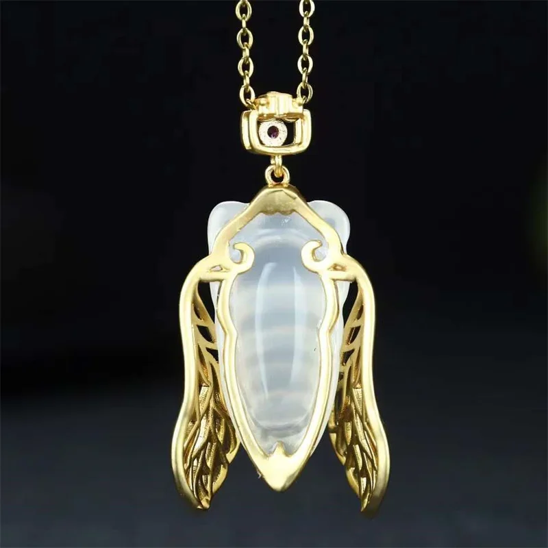 Hot Selling Natural Hand-carved Chalcedony Gufajin Inlay jade cicada Necklace Pendant FashionJewelry MenWomen Luck Gifts