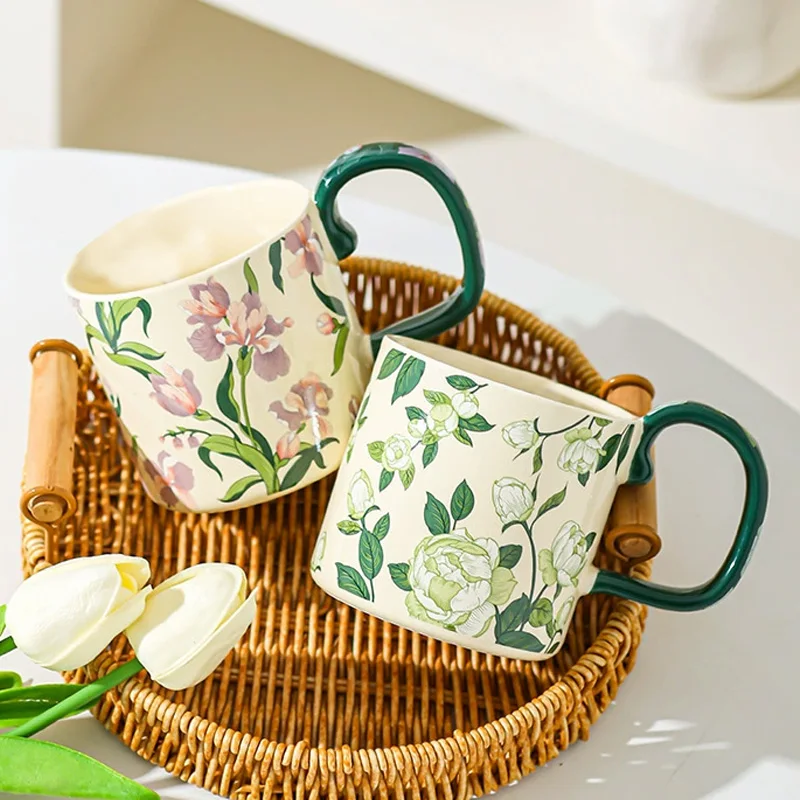 2 Color 400ml Internet Celebrity Retro Light Luxury Cup Iris Flower Water Cup Camellia Large Capacity Ceramic Cup Mug Coffee Cup