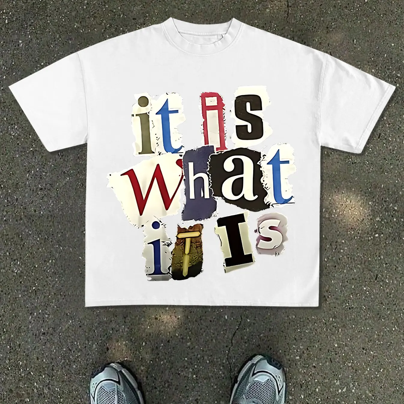 Men's T-shirt featuring a collage-style, colorful 