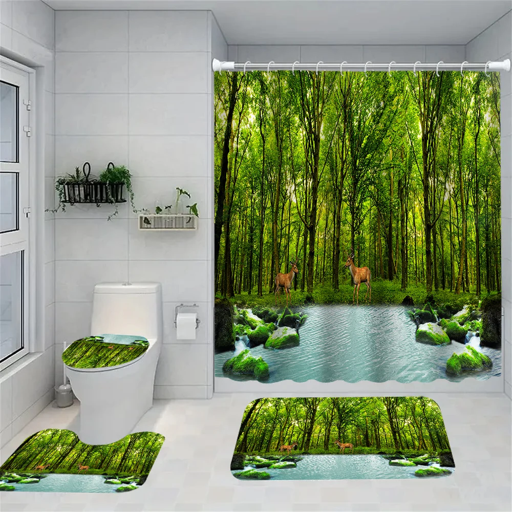 1/4 Forest Creek shower Curtains, Toilet Seat Decoration, Shower Curtain with Carpet and Toilet Lid, 12 70.8x70.8 inch Hooks