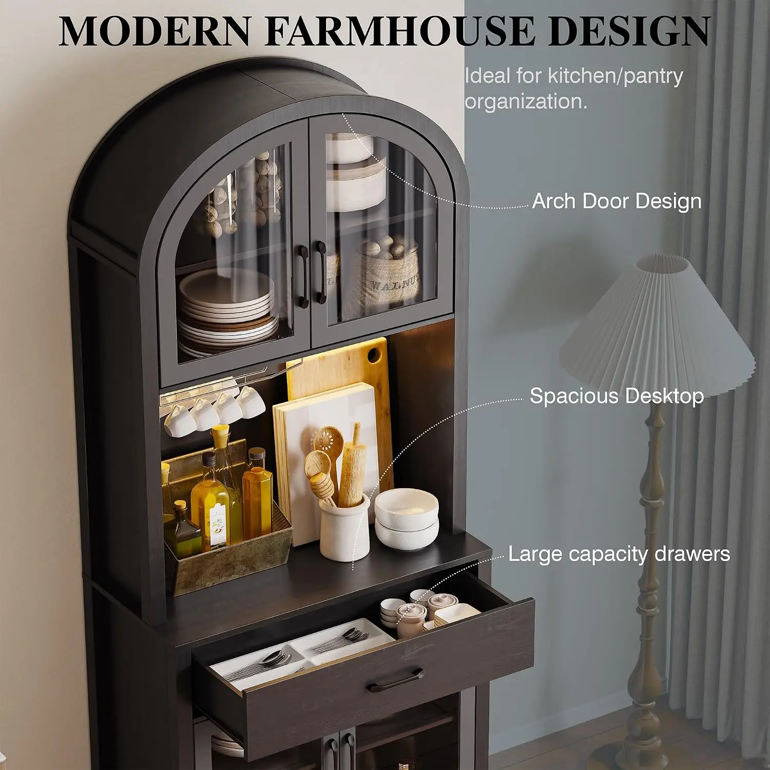 Arched Pantry Cabinet, Black Wooden Coffee Bar with Drawers, Hutch with Charging Station & LED Light, Countertop, Customized