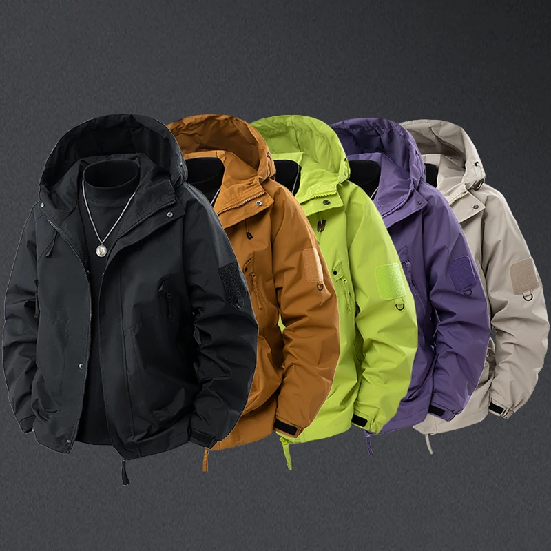 Spring Autumn Men's Outdoor Hooded Jacket Windbreaker Waterproof Mountain Skiing Hiking Camping Multiple Pockets Zipper Jacket