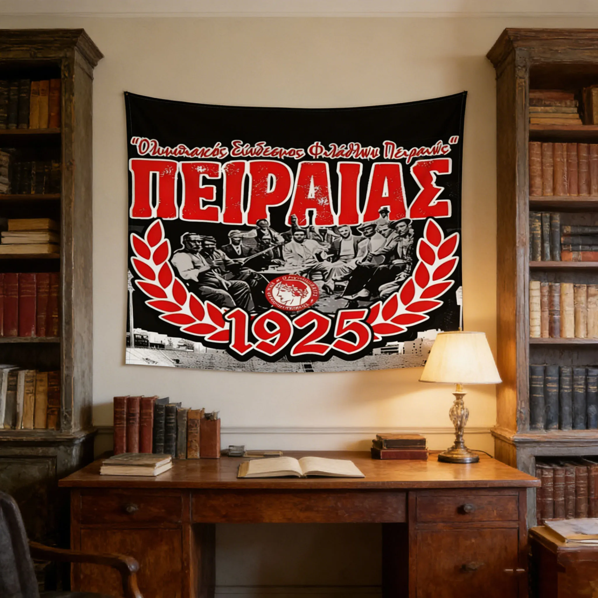 Vintage Olympiacos Football Tapestry, Red Black Flat Print Wall Art, Perfect Decor for Home, Dorm, Office, Patio & Game Room