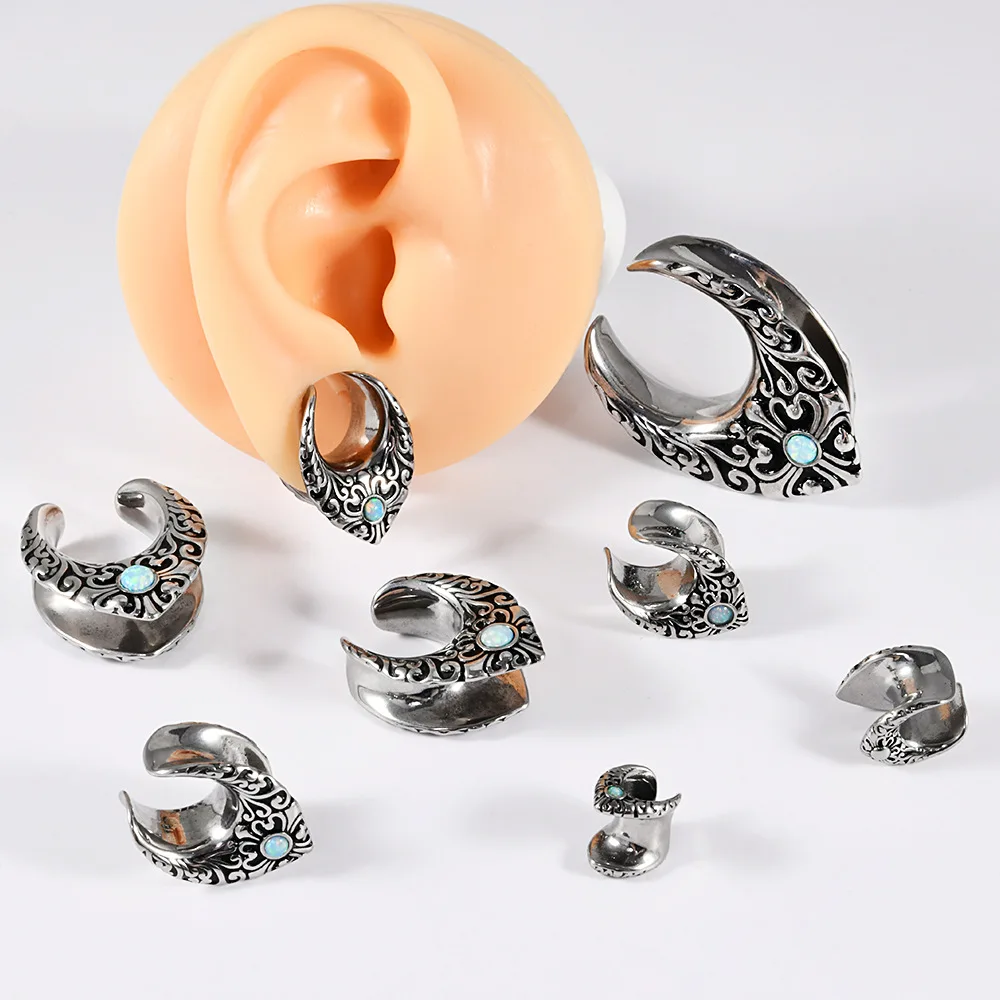 1pair Stainless Steel Round Opal Patterned U-shaped Integrated Earlobe Expansion and Piercing Accessory