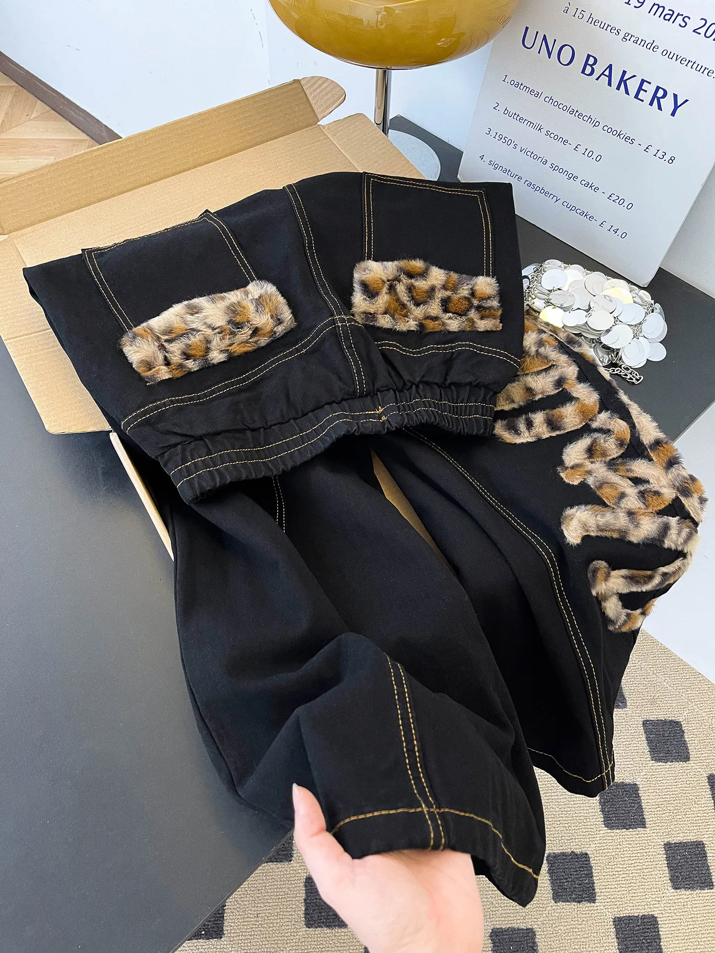 

High Waist Wide Leg Denim Jeans Women's Spring New Sle Vintage Faded Leopard Print Patchwork Floor-Length Knife Pants