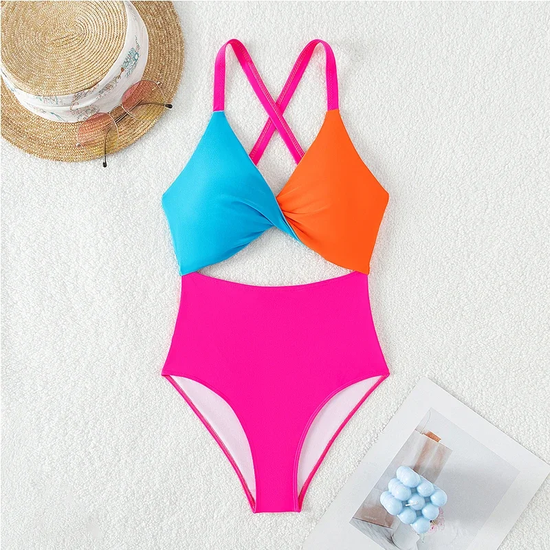 Women's Swimsuit 2024 New,Contrast Color High Waist One-piece Bikini,V-neck Hollow Out Suspender Backless Swimwear,Monokini Y104