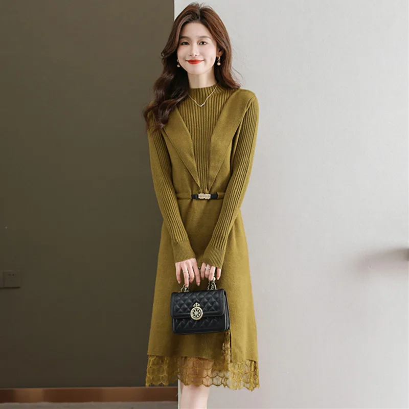 

Fashion Woolen Lace Sweater Dress For Women Spring Autumn Pullovers Jumper Slim Ladies Knitwear Vestidos Pulls Femmes Jersey