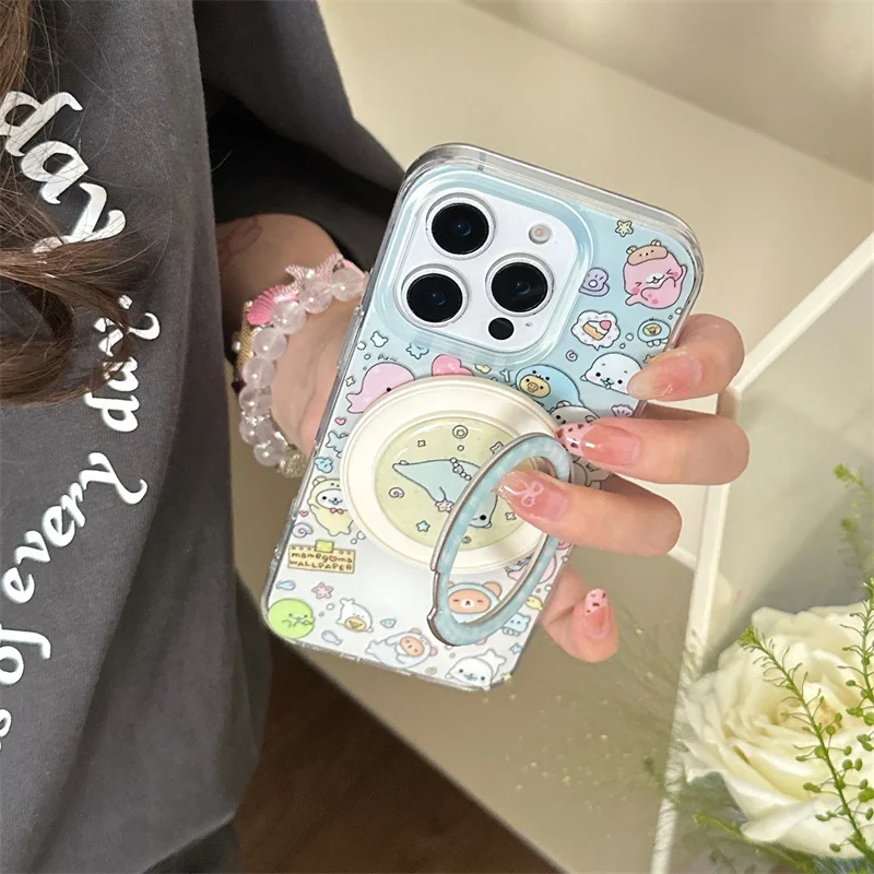 Funny Cute Seal Dolphin Magnetic Phone Case For iPhone 16 Pro 15 14 13 Pro Max Cover with Magsafe Rotate Holder Grip Kawaii Capa