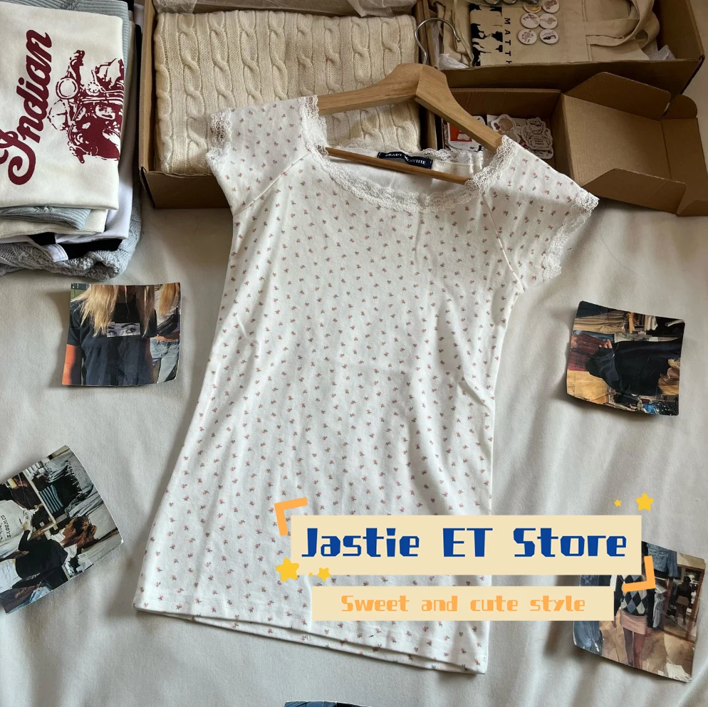 Amerikaanse Stijl Zwart Polka Dot Kant Korte Mouw T-shirt Vrouwen Sexy Slash Hals Slanke Retro Crop Top Katoenmix Korte Tees Shirt