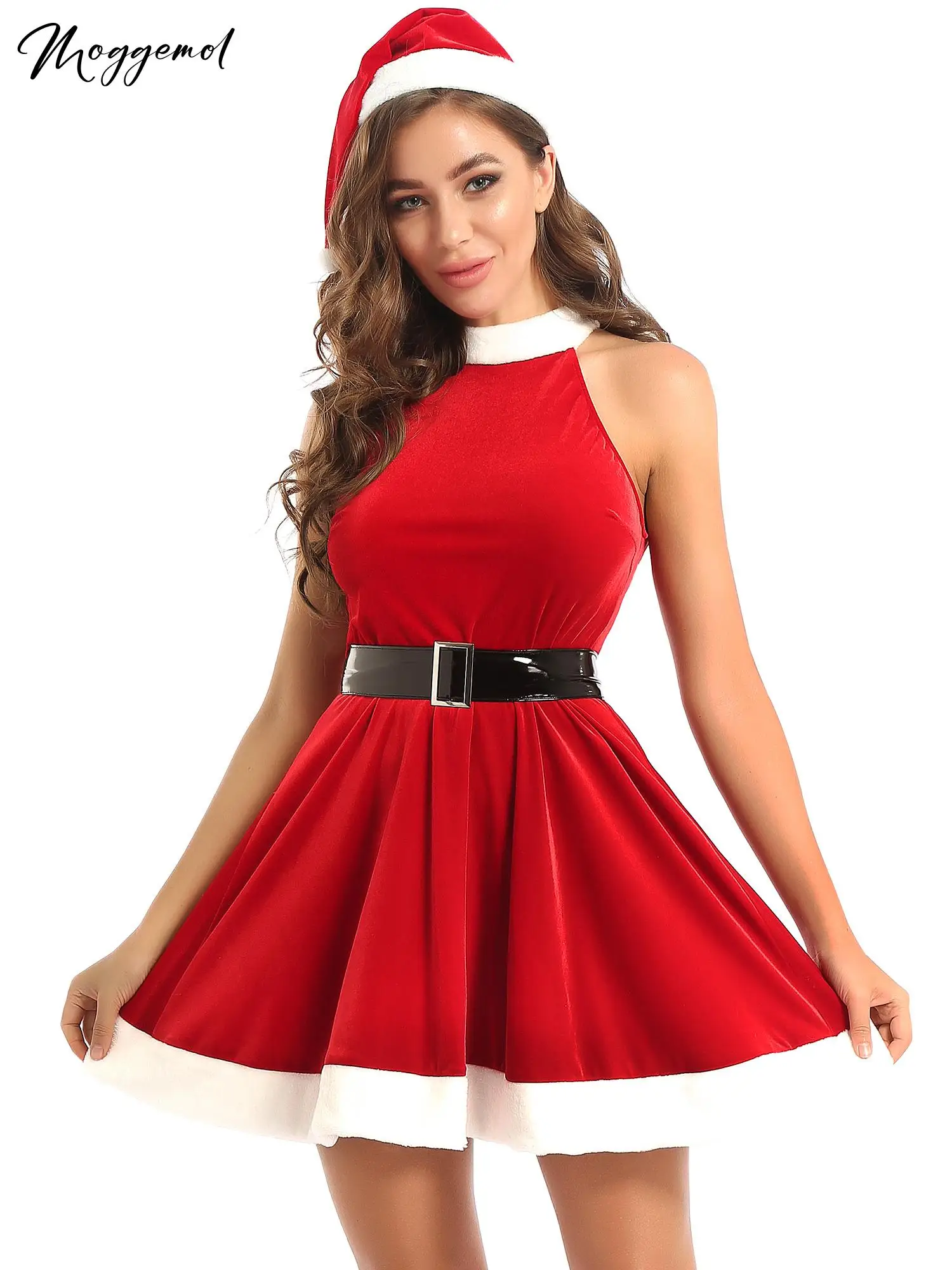 Womens Christmas Mrs Santa Claus Costume Sexy Sleeveless Velvet Dress 3Pcs Outfits Xmas Party Club Dress with Santa Hat And Belt