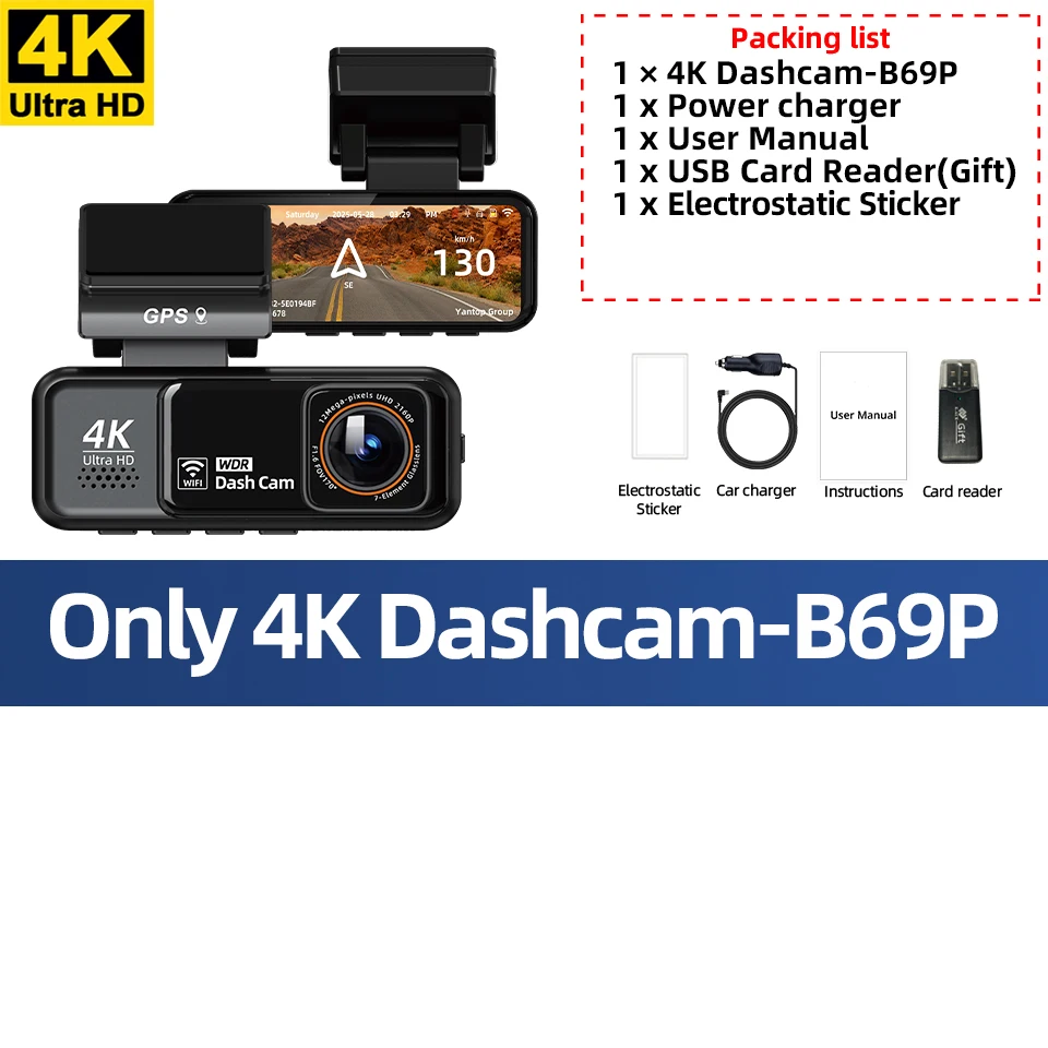 E-ACE 4K Dash Cam 3'' Black Box Car Recorder Support 2K Rear Camera  Pedestrian Detection Night Vision Built-in WIFI/GPS Car Dvr