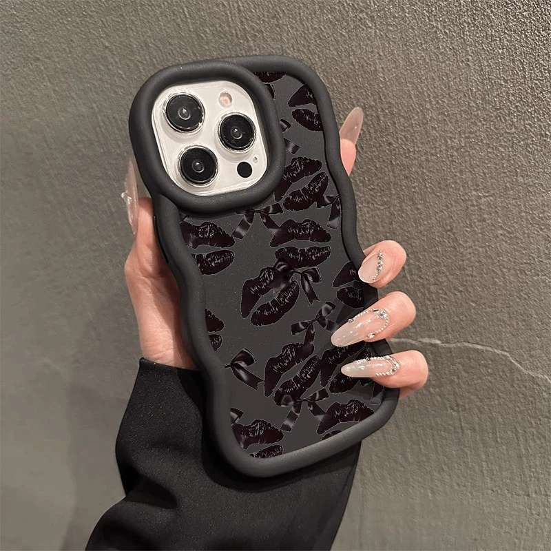 حافظة هاتف منحنية متموجة شفاه سوداء مثيرة لهاتف Realme 14 13 12 11 Pro Plus 5G 14X 14T 10 9i 8 C75 C65 C67 C63 C61 C55 C53 C51S