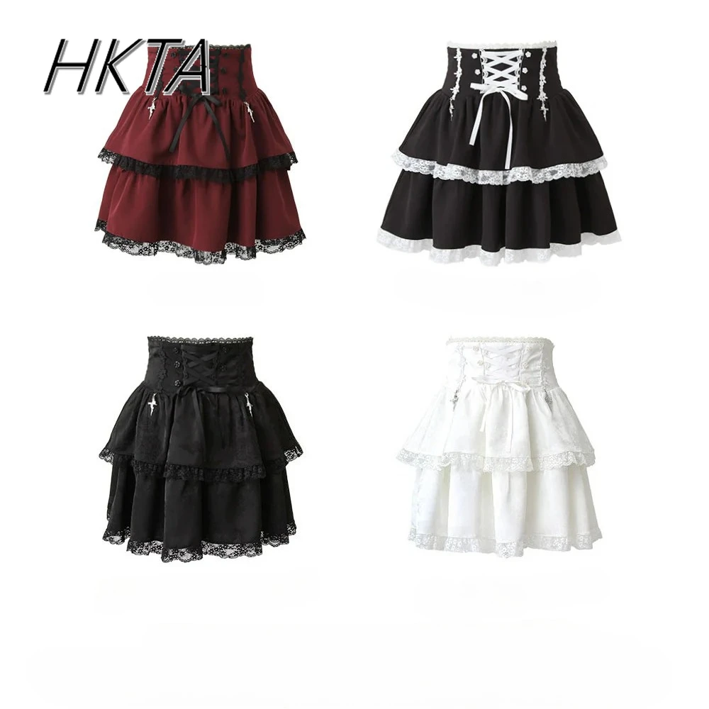 

Japanese 2025 Spring Summer Lolita Girls Fashion Women's Mini Skirt Heavy Industry Lace Edge Sweet Bow Strap Balck Skirt Women