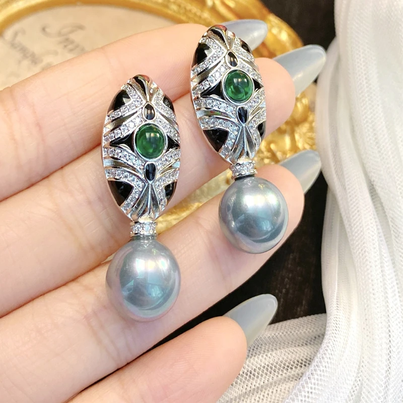 Superior Artdeco imitation Tahiti Grey pearl black drop glue earrings Classical court style emerald earrings girl