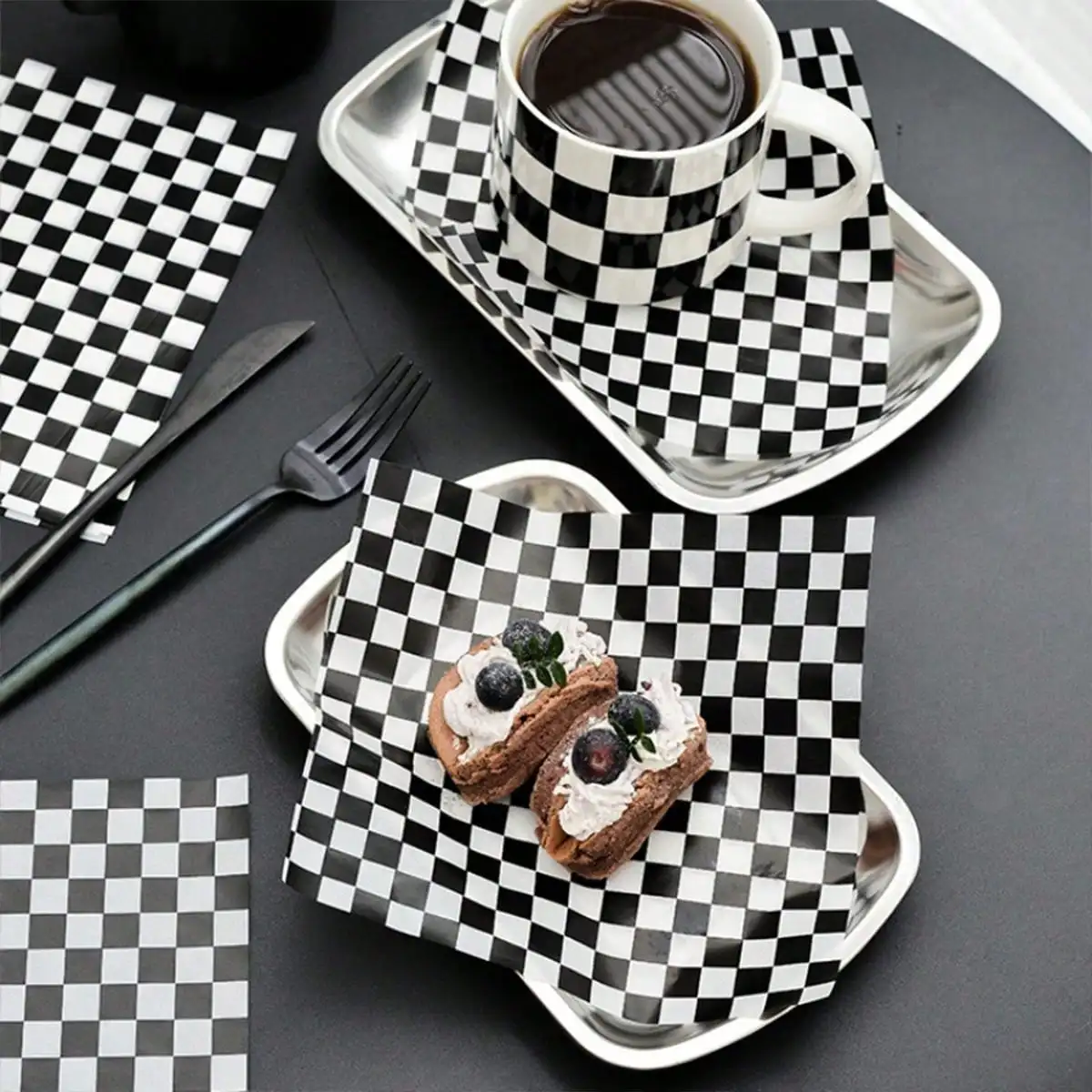 100black and white checkerboard wax paper - for Halloween,, oil resistant food packaging for sandwiches, hamburgers,
