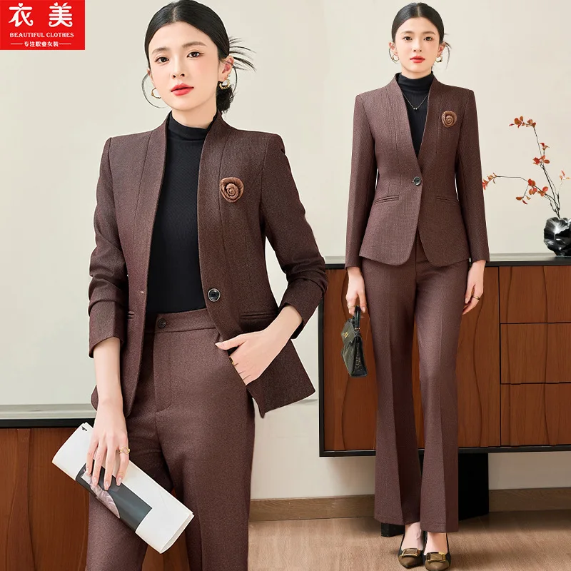 

Высококачественный темно-коричневый блейзер без воротника для женщин2025Новый осенне-зимний комплект профессиональной рабочей одежды для поездок на работу