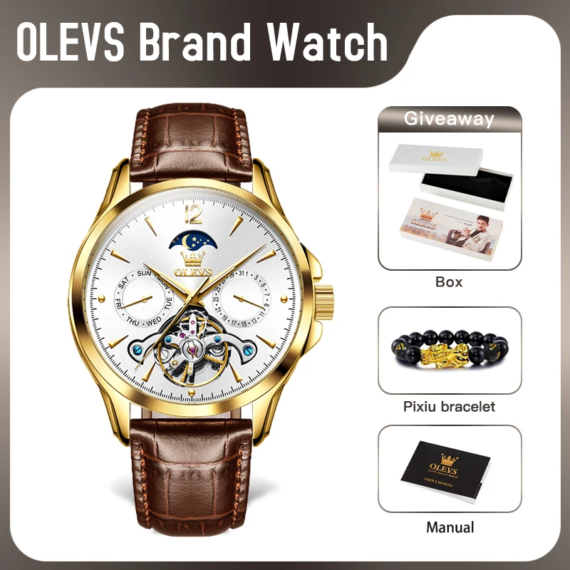 OLEVS 6663 Mens Watch Original Mechanical Watch Tourbillon Multifunctional Chronograph Waterproof Moon Phase Leather Strap Gifts