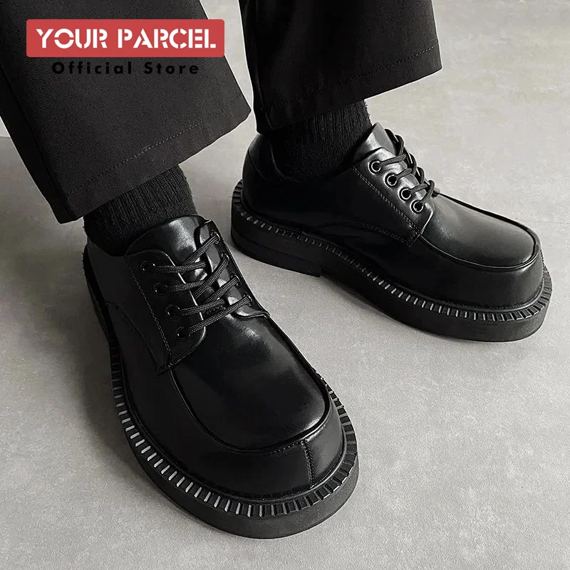 

Small and niche thick soled big toe leather shoes for men's casual black lace up Japanese Derby shoes with a high-end feel