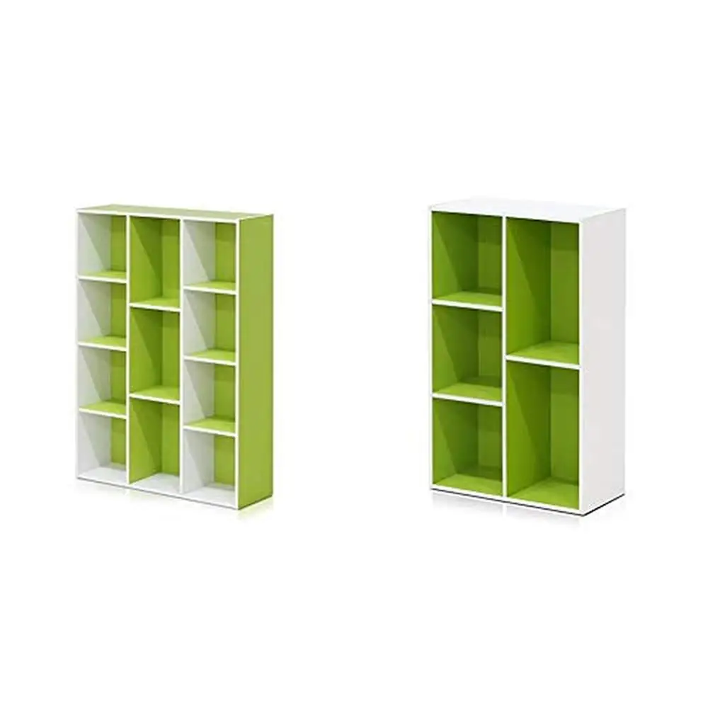 

11-Cube and 5-Cube Bookcases Set Engineered Wood Construction Stylish Design Fits Bedroom Study Room Easy Assembly White Green