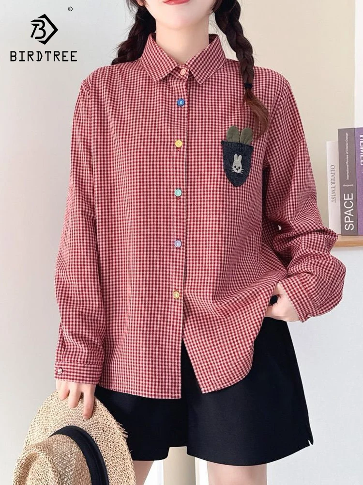 

New 2026 Spring Women Cotton Long Sleeve Shirt, Lapel Embroidery Plaid, Mori Girl Age Reduction OL Sweet Loose Blouse T61046CC