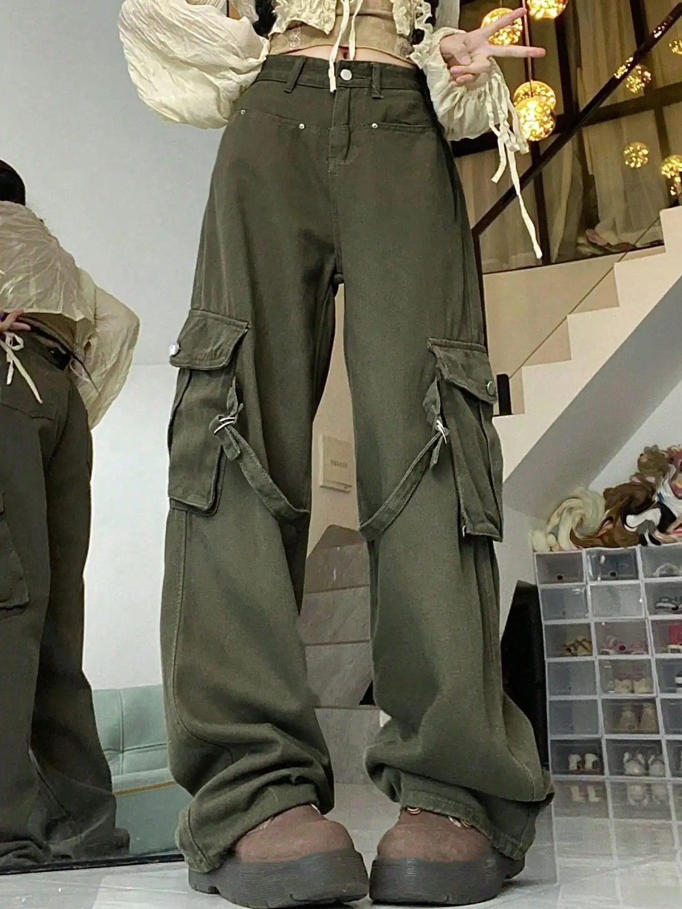 Korean Chic Autum American Retro High-Waist Design Loose and Versatile Straight-Leg Large Flap Pocket Pants Jeans