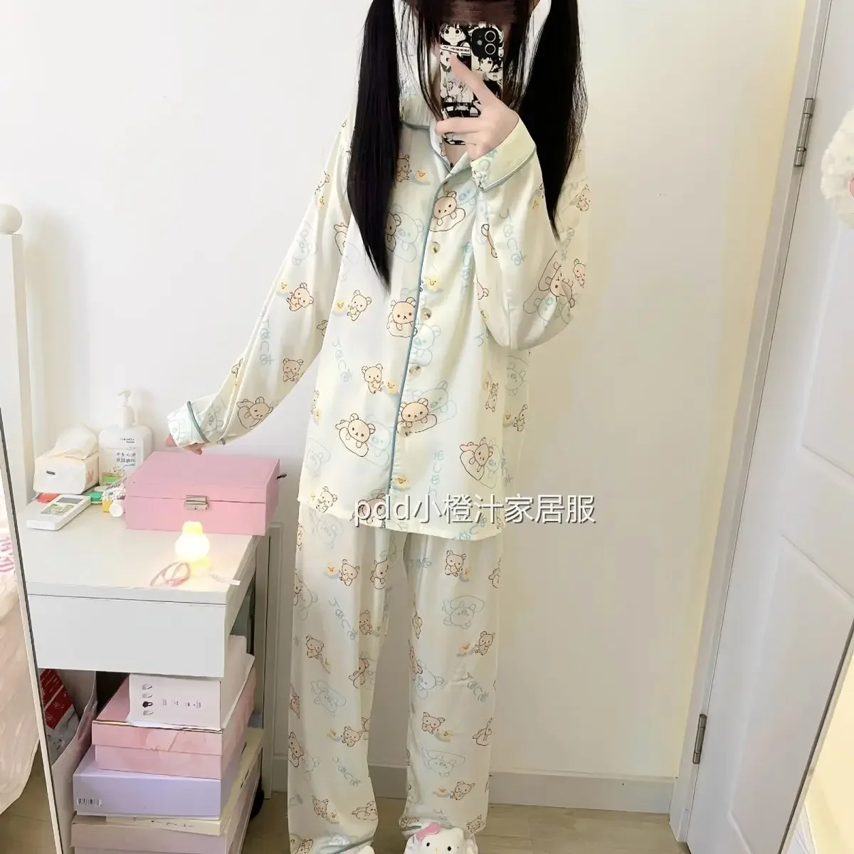 Kawaii Rilakkumas منامة للنساء ربيع الخريف الإنترنت الشهيرة طويلة الأكمام السراويل الطويلة لطيف طالب المنزل مجموعة الفتيات الهدايا اللعب