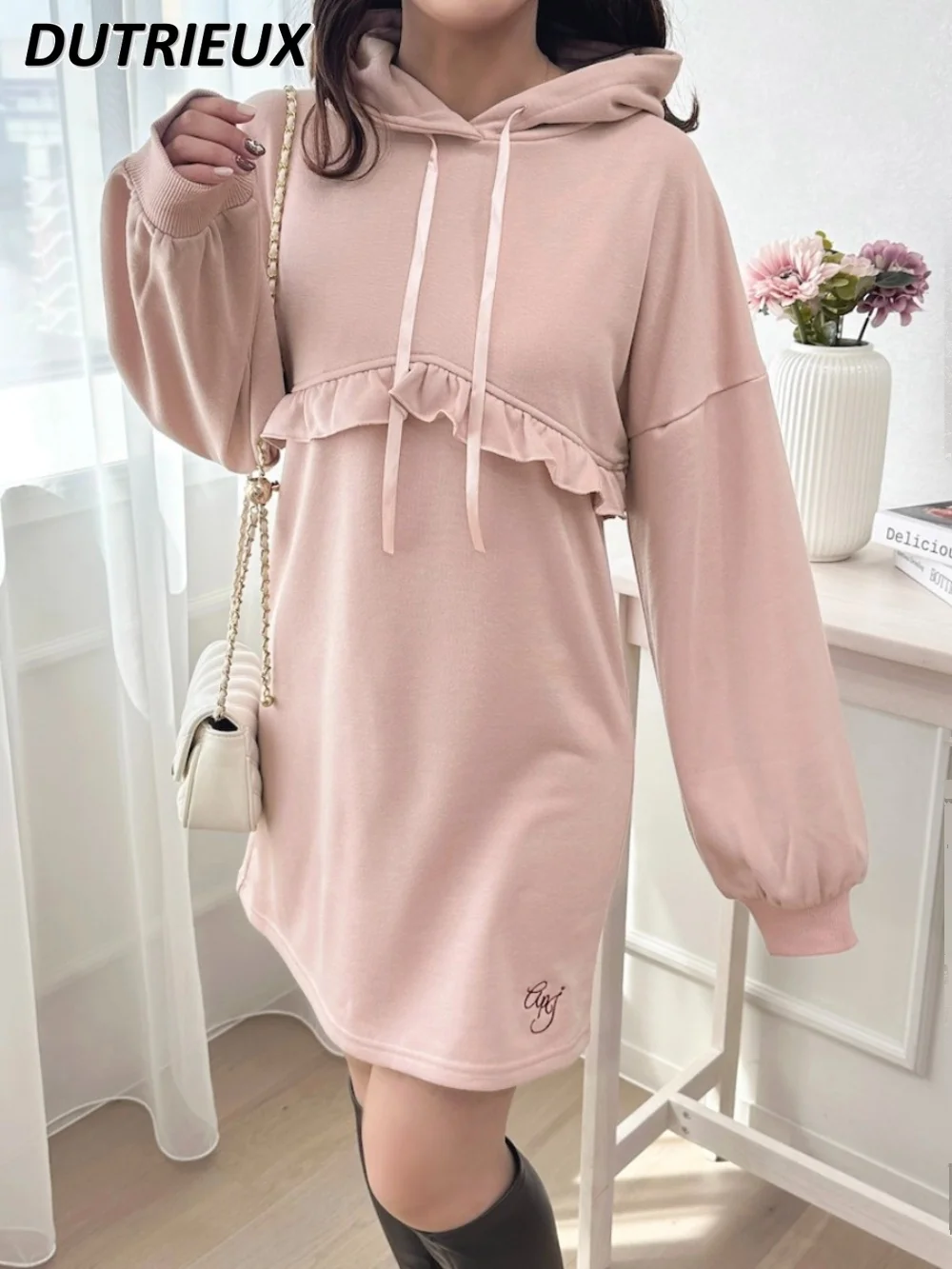 Japanese Style Girl Age-Reducing Ruffled Decorative Mid-length Pullover Embroidered Letters Hooded Long Sleeve Sweatshirt Dress