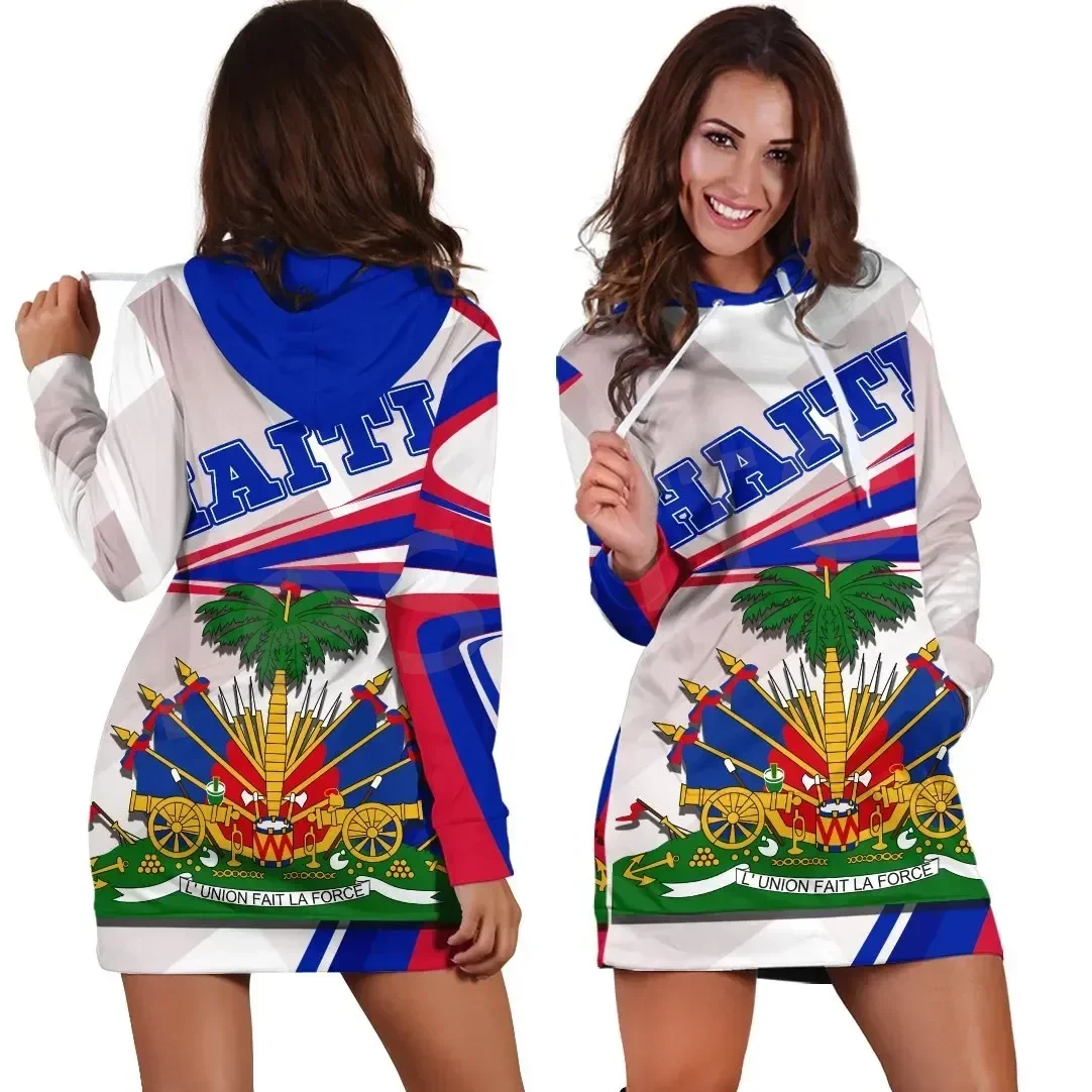 Haitian Flag 3d Women's hoodie dress Vintage Harajuku Casual Women's hoodie dress Casual sexy women's hoodie dress