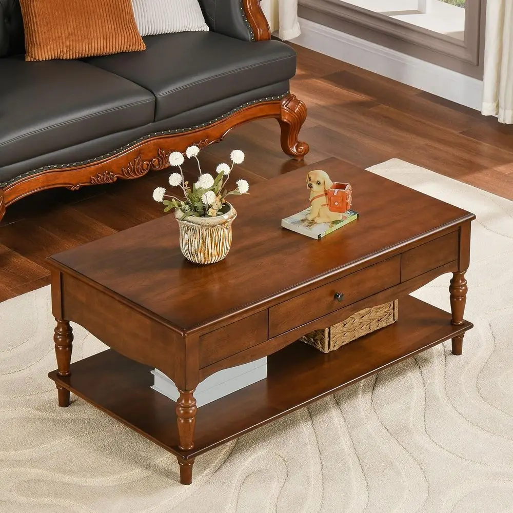 

Mid-Century Solid Wood Coffee Table with 2 Drawers, Carved Legs, Vintage Style, Easy Assembly, 43.3L x 23.6W x 18H