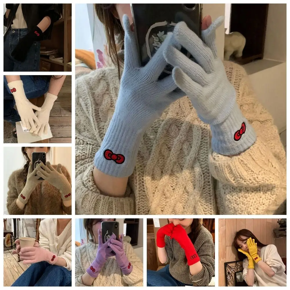 Guantes de punto con lazo para pantalla táctil, manoplas cálidas de terciopelo, lana de felpa, invierno, hombre y mujer