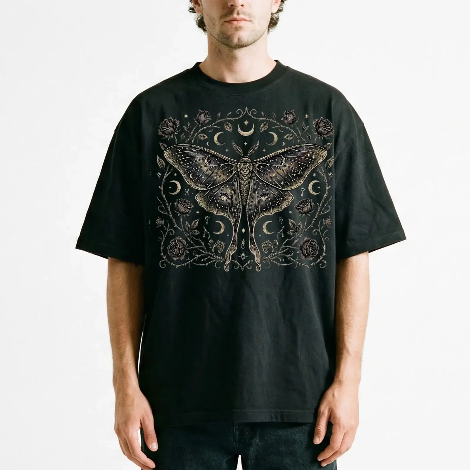 Luna Moth Galaxy Roses T Shirt Gothic Witchy Celestial Boho Night Sky  vintage Washed fashion designer clothes streetwear homme