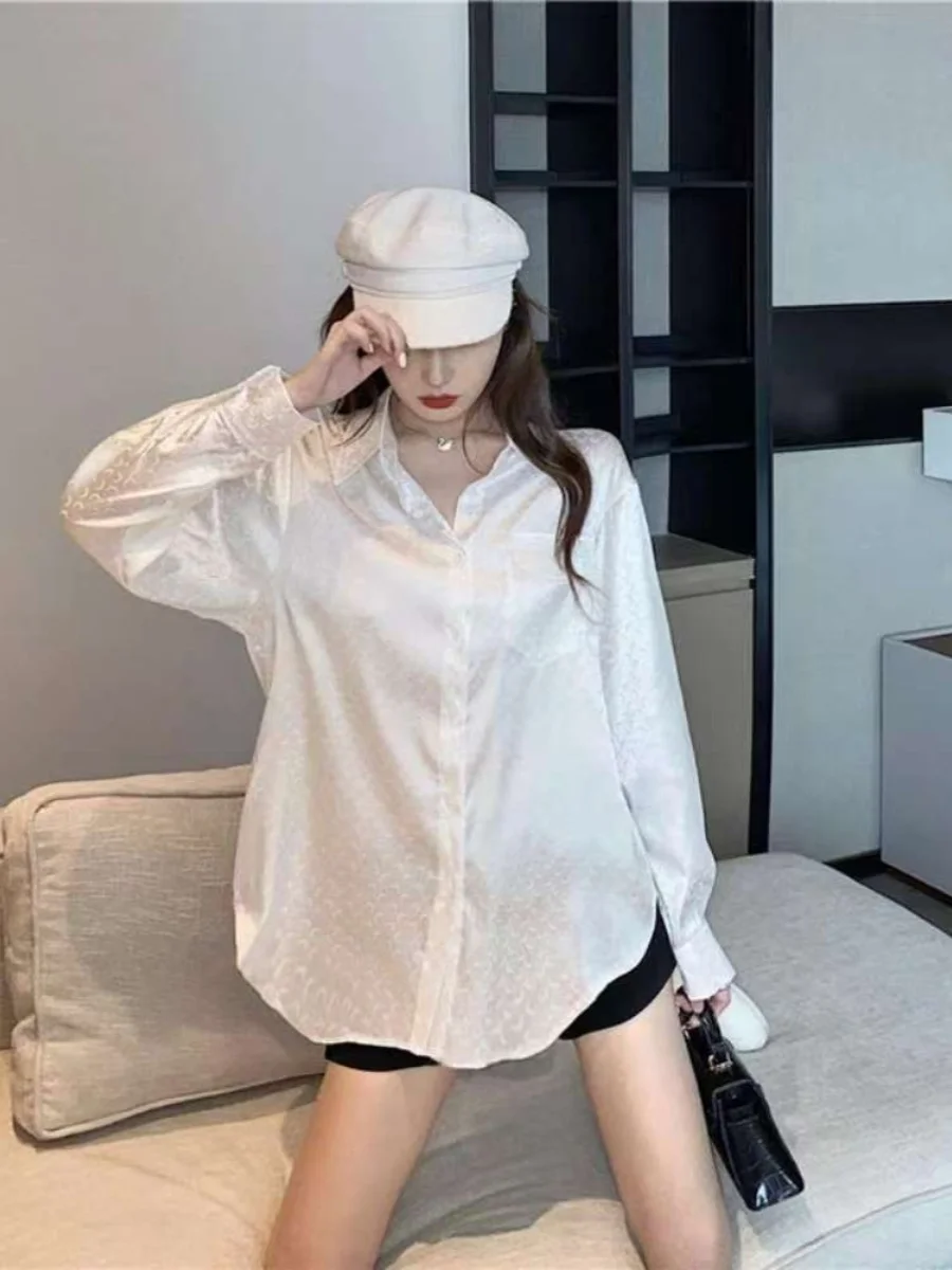 เสื้อเชิ้ตผ้าซาตินเอลีอะซิเตททรงหลวมสำหรับผู้หญิง แขนยาว ดีไซน์เรียบง่าย สไตล์เกาหลี ทรงตรง ติดกระดุม