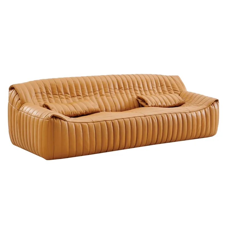 The first layer of cowhide sofa Italian light luxury leather art straight row piano minimalist modern living room brown new