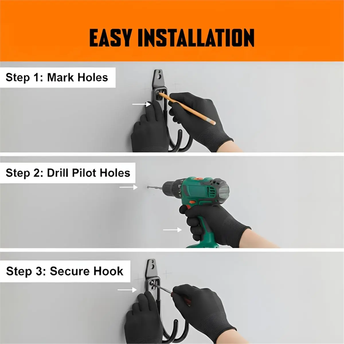 Multi-Sized Wall-Mounted Tool Hangers with Anti-Rust PVC Coating for Bikes, Ladders, Garden Tools