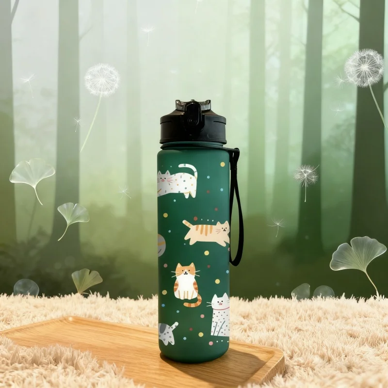 3D Printed Cute Cartoon Cat PVC-Free, Leak-Proof, Matte Finish 750ML Water Bottle,Includes Carry Loop Outdoor Activities