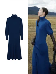 C&O&S Women's Fashion Slim Robe Bottom Dresses Autumn and Winter Knitted High Neck Dresses Vintage Casual Long Sleeve Tight Robe