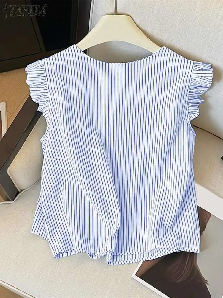 ZANZEA Sweety Women Stripe Camis Korean Ruffle Sleeveless Tanks 2024 Summer Fashion Round Neck Tank Tops Holiday Blue Loose Vest