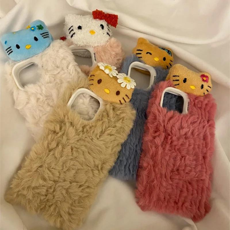 Hello Kitty Cartoon Cute Plush Phone Case Iphone15Promax 14/13 Full Package 14 Winter Cute Girl Phone Protective Case Anime Toy