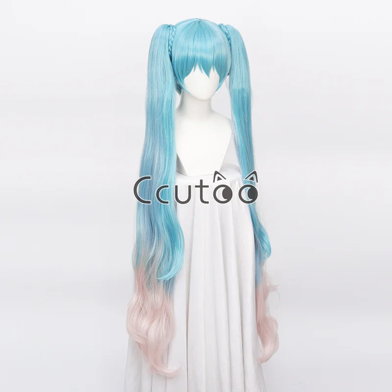 新しいマジックミクロングブルーグラデーションピンク人工毛コスプレ衣装ウィッグチップ取り外し可能なポニーテール-ウィッグキャップ