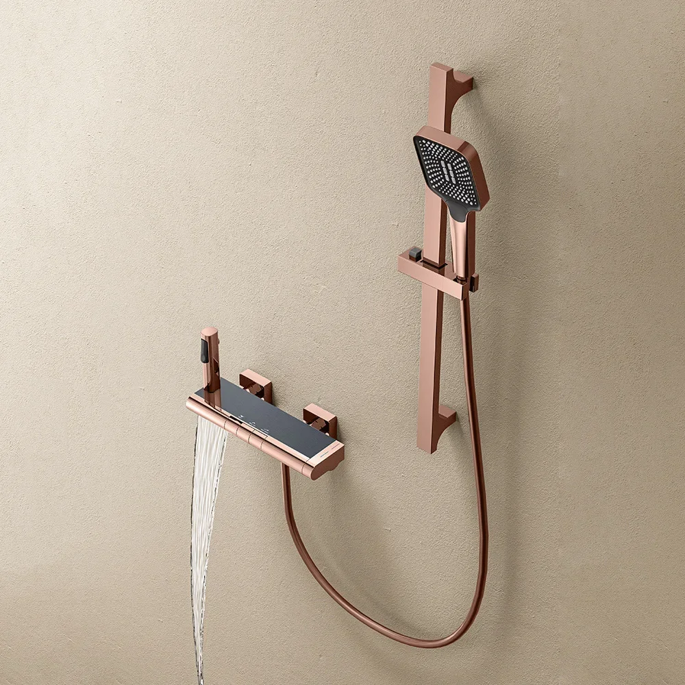 Rose Gold Bathtub Shower Set Wall Mounted Thermostatic Shower Faucet Brushed goid Bathroom Waterfall Bath Brass