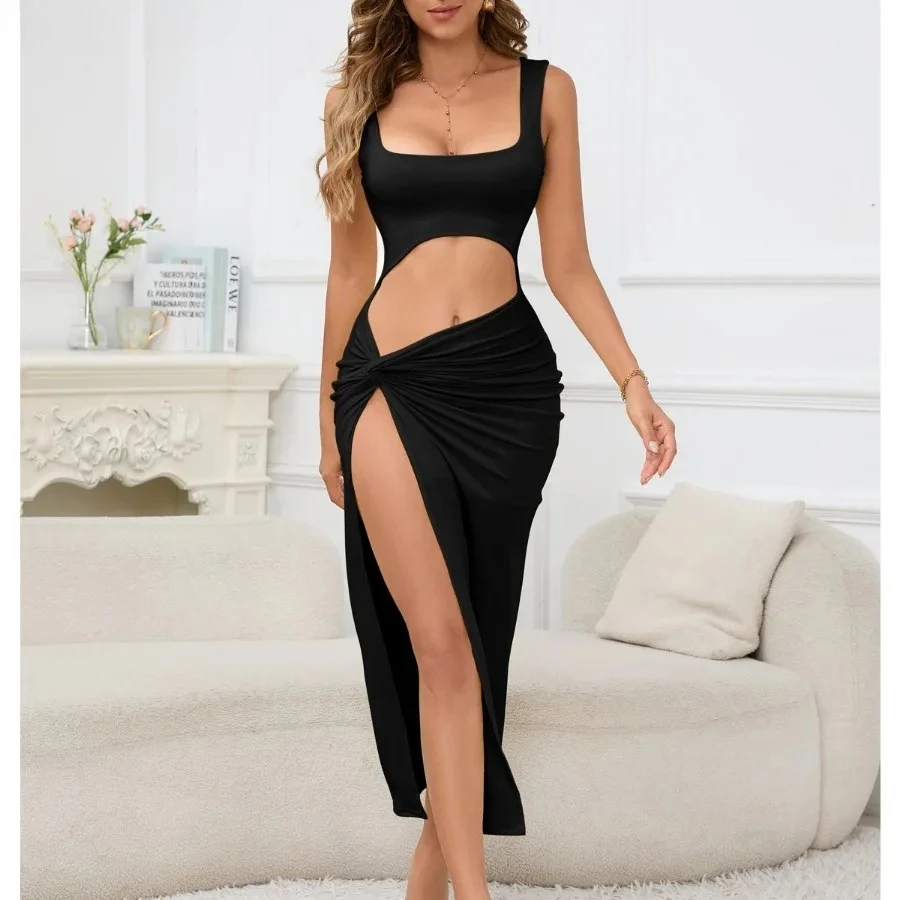 2026 Zomer Vrouwen Sexy Mouwloze Hollow Out Maxi Jurken Side High Split Slanke Open Navel Jurk Beach Party Casual Hot Girl Wear