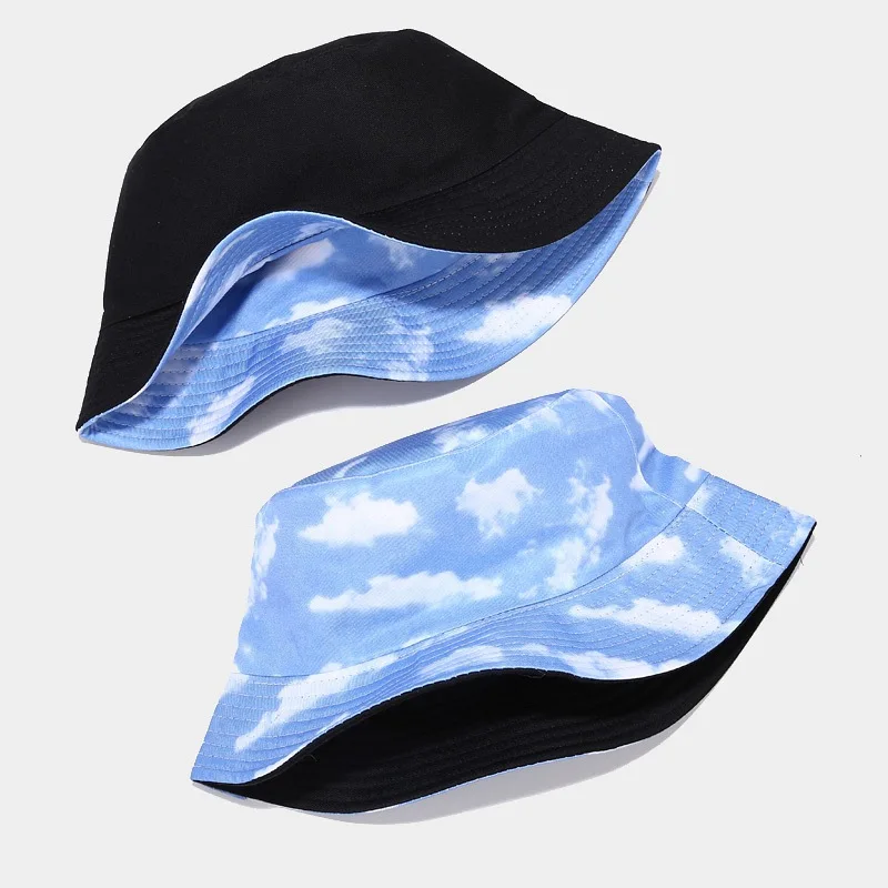 2022 Cotton Blue Sky And White Clouds Print Bucket Hat Fisherman Hat Outdoor Travel Sun Cap For Men And Women 05