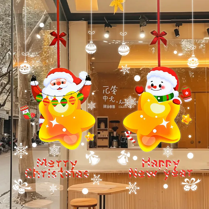 2026 Merry Christmas Window Glass Sticker Santa Claus Snowman Star PVC Wall Sticker New Year Xmas Party Home Wall Decals Gifts