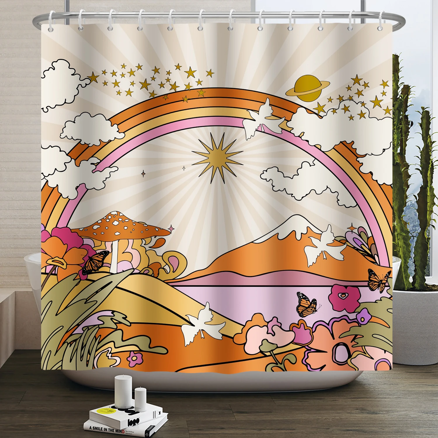 Vintage Rainbow Mushroom Shower Curtain Funny 70s 80s Retro Trippy Abstract Boho Floral Hippy Waterproof Bathroom Curtain Decor