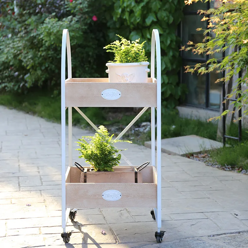 Balcony flower stand outdoor preservative wood wrought iron float outdoor courtyard garden succulent flower pot stand floor stan