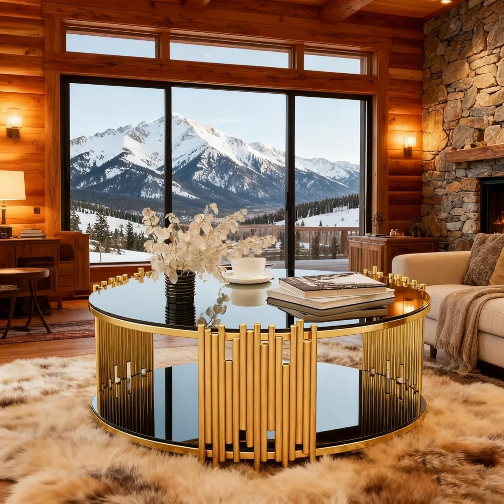 طاولة قهوة زجاجية مستديرة مقاس 36 بوصة، طاولة مركزية سوداء فاخرة حديثة، طاولة غرفة المعيشة، طاولات كوكتيل غير منتظمة الساق من الفولاذ المقاوم للصدأ