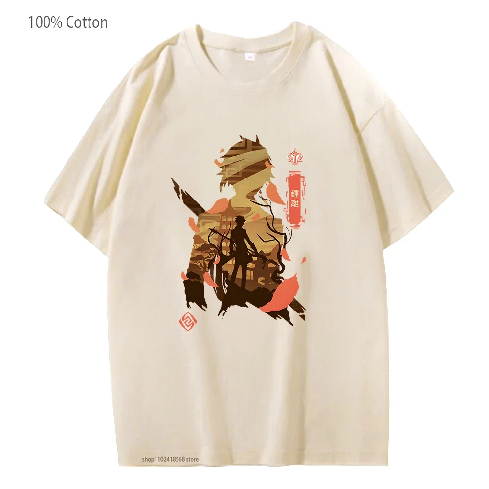 

Cartoon Zhongli T-Shirts Men Genshin Impact Metal Print Tshirt Harajuku Shirt Women Y2k Streetwear Soft Summer 100% Cotton Tops